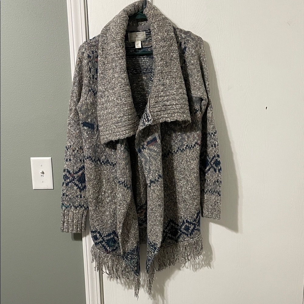 Ruby Moon Aztec Western Wool Gray Womens Open Front Duster Fringe Cardigan Small